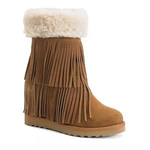 Madden Girl Sleet Women's Fringe Wedge Boots-Cognac-Size 10M